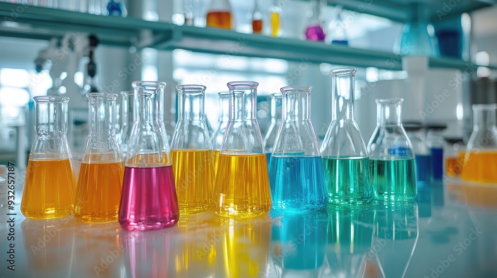 A modern chemistry lab with colorful liquids in beakers and test tubes, highlighting precision instruments and chemical reactions. A modern chemistry lab with colorful liquids in beakers and test tubes, highlighting precision instruments and chemical reactions.