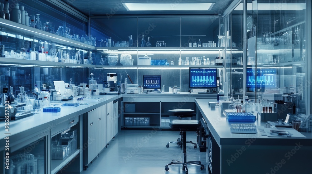 A modern lab setup with a wide variety of scientific instruments, data displays, and well-organized research tools. A modern lab setup with a wide variety of scientific instruments, data displays, and well-organized research tools.