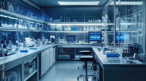 A modern lab setup with a wide variety of scientific instruments, data displays, and well-organized research tools.