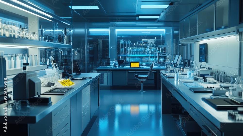 A state-of-the-art lab with automated research tools, glowing indicators, and a clean, organized work environment for experiments. A state-of-the-art lab with automated research tools, glowing indicators, and a clean, organized work environment for experiments.