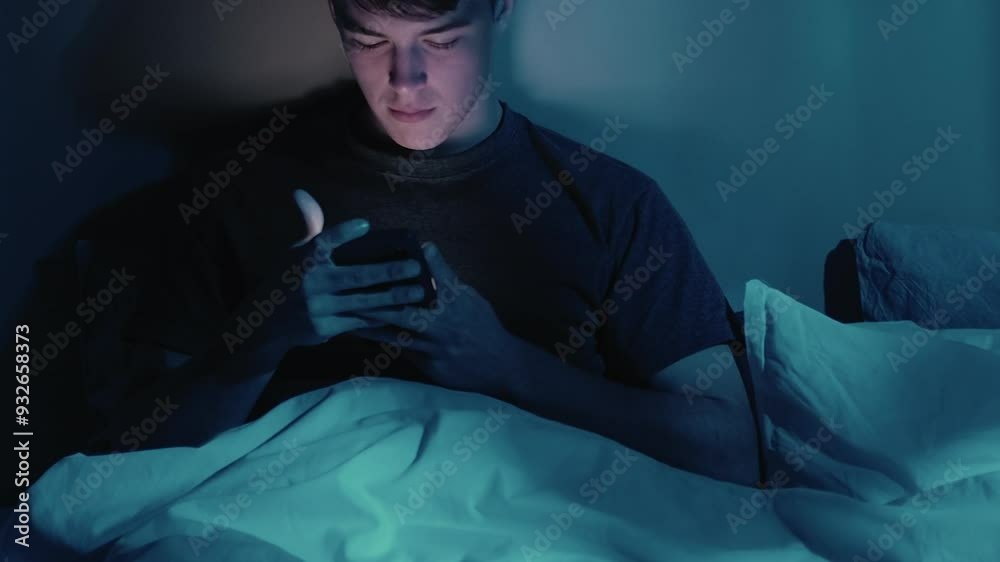 Gadget night. Amused man enjoying using phone app late in bed with sleeping wife in dark blue light. Gadget night. Amused man enjoying using phone app late in bed with sleeping wife in dark blue light.