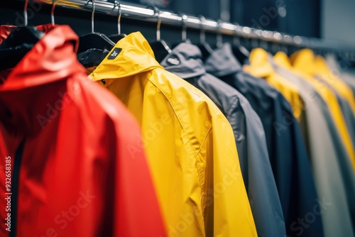 Vibrant autumn raincoats displayed in a store