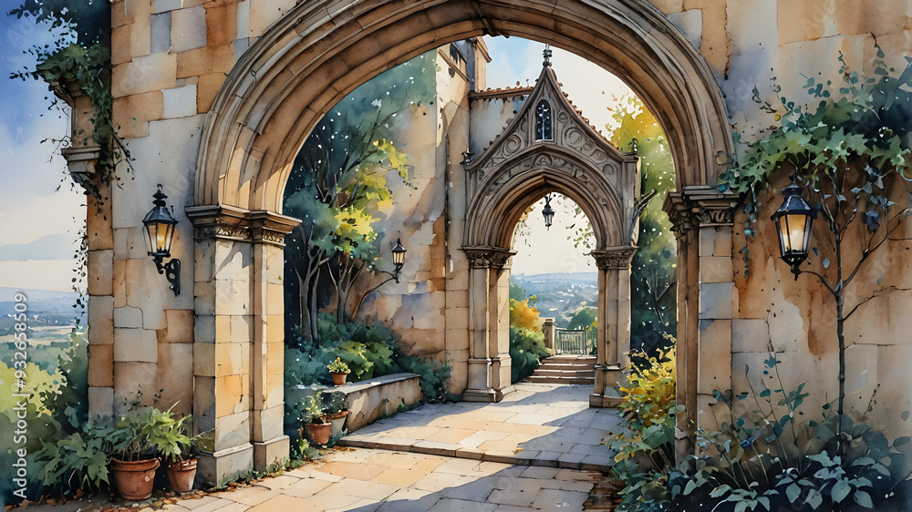 Gothic archway, flickering lanterns, winding path Gothic archway, flickering lanterns, winding path