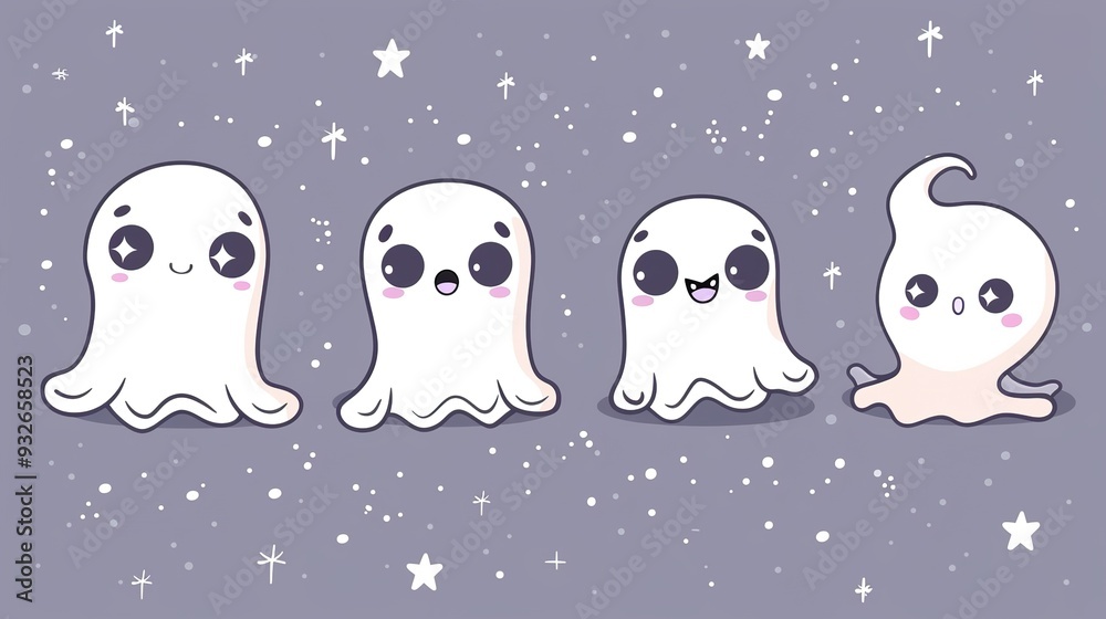 Obraz premium Cute Ghosts Cartoon Kawaii Vector: Adorable and Playful Vector Illustration of Ghosts in a Kawaii Style, Featuring Friendly and Cheerful Expressions. Perfect for Halloween Themes, Children's Content, 