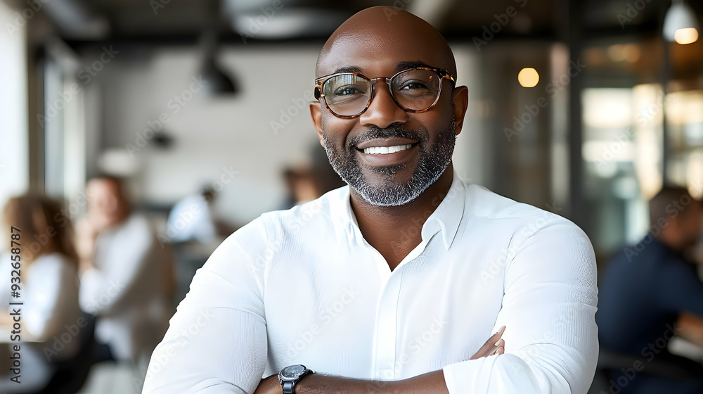 Obraz premium A smiling man in a white shirt poses confidently in a modern setting.