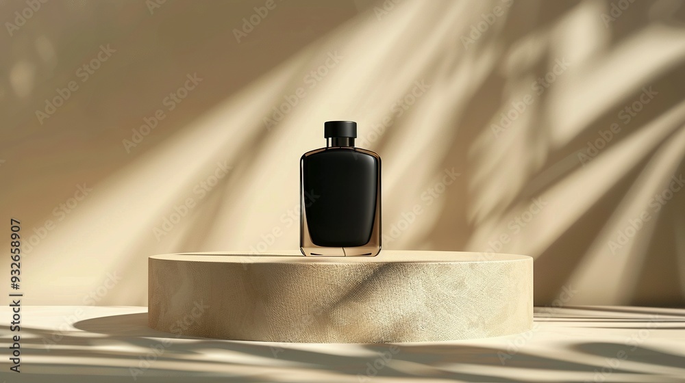 AI-Generated Mockup of Black Perfume Bottle on a Podium, Set Against a Neutral Background AI-Generated Mockup of Black Perfume Bottle on a Podium, Set Against a Neutral Background