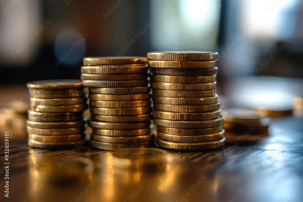 A stack of gold coins on a wooden table. The coins are piled on top of each other, creating a sense of wealth and abundance. The scene evokes a feeling of prosperity and success A stack of gold coins on a wooden table. The coins are piled on top of each other, creating a sense of wealth and abundance. The scene evokes a feeling of prosperity and success