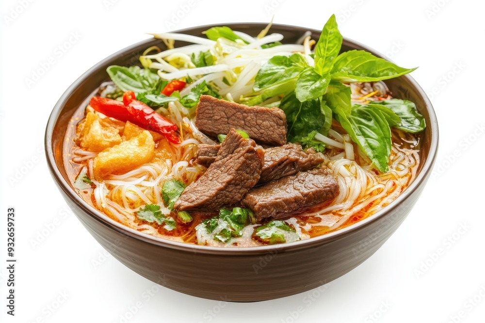 Vietnamese beef noodle soup on white background Vietnamese beef noodle soup on white background