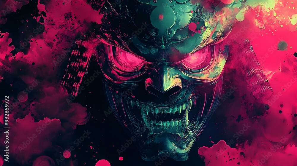 Fototapeta premium Glowing Samurai Demon Mask:Neon Ink Splashes on Dramatic Background
