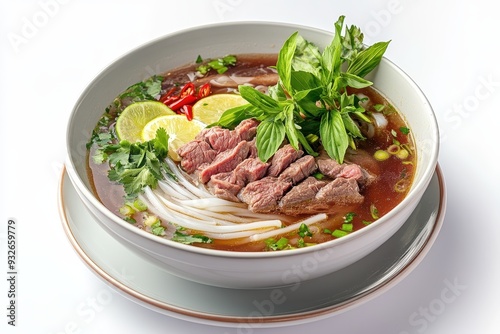 Vietnamese beef noodle soup with fresh greens on a white background