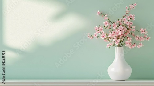 Wallpaper Mural Very nice pastel green walls with pink flowers in a white vase on the table Torontodigital.ca