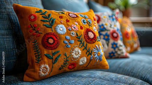 Wallpaper Mural Embroidered Floral Pillow on Blue Couch - Closeup Torontodigital.ca