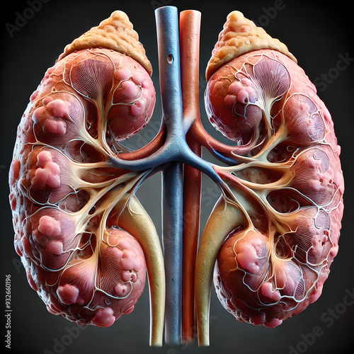 Kidneys anatomy showcasing chronic kidney disease (CKD). reduced size and irregular shape, visualization of fibrotic tissue replacing healthy nephrons. Highlight areas where kidney function is impaire photo