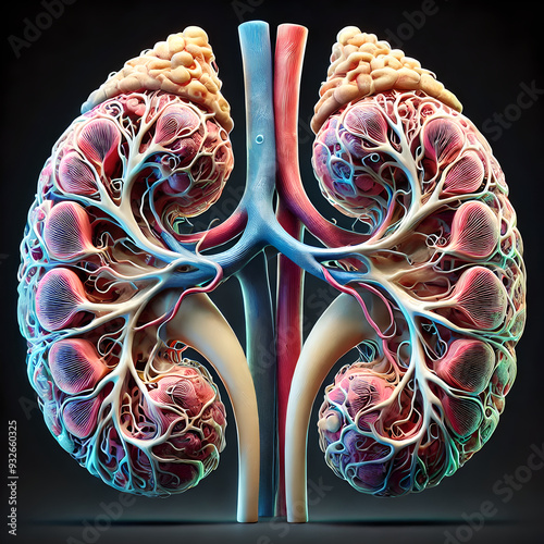 Kidneys anatomy showcasing chronic kidney disease (CKD). reduced size and irregular shape, visualization of fibrotic tissue replacing healthy nephrons. Highlight areas where kidney function is impaire photo