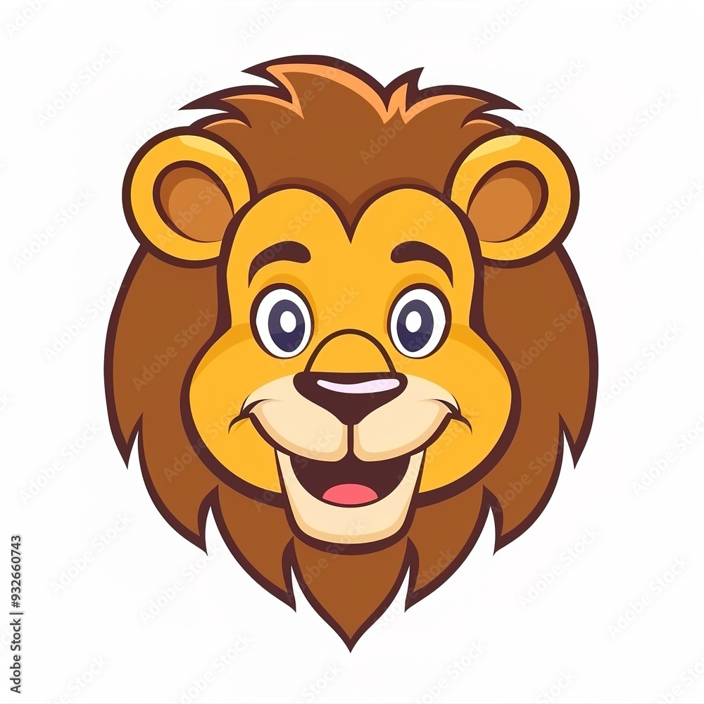 Obraz premium Cute Smiling Lion Head on a White Background: Adorable and Cheerful Lion Face Featuring a Bright Smile and Friendly Expression.