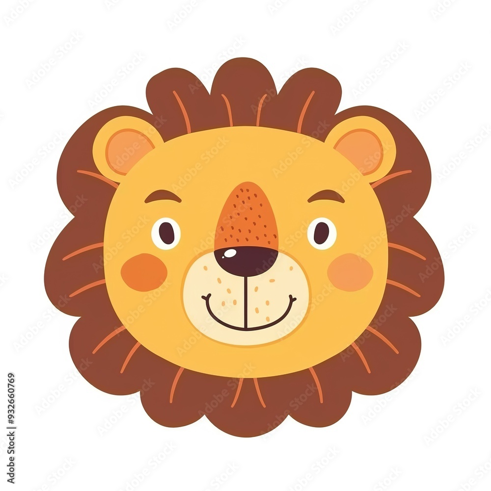 Obraz premium Cute Smiling Lion Head on a White Background: Adorable and Cheerful Lion Face Featuring a Bright Smile and Friendly Expression.