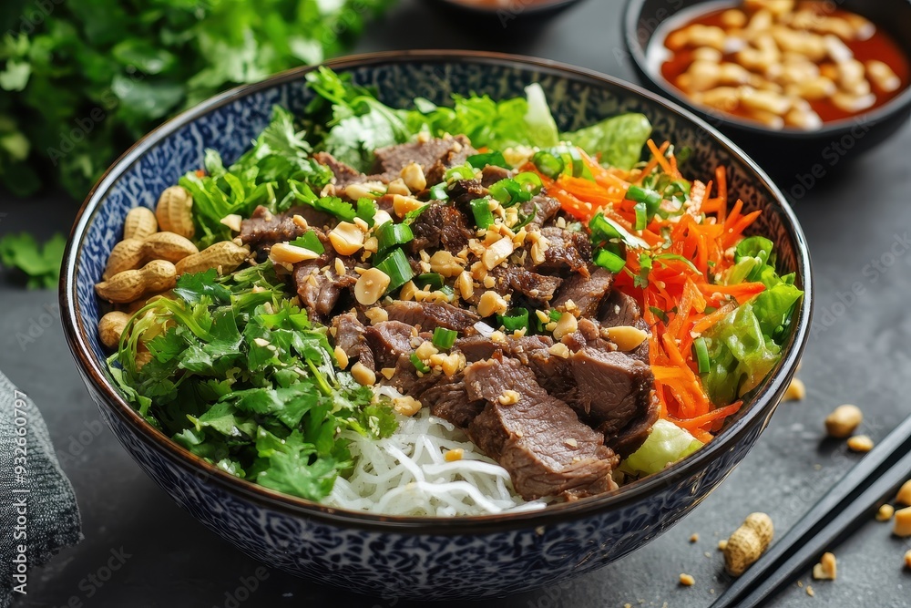Vietnamese eatery serving bowl of Bo bun with beef salad and peanuts Vietnamese eatery serving bowl of Bo bun with beef salad and peanuts