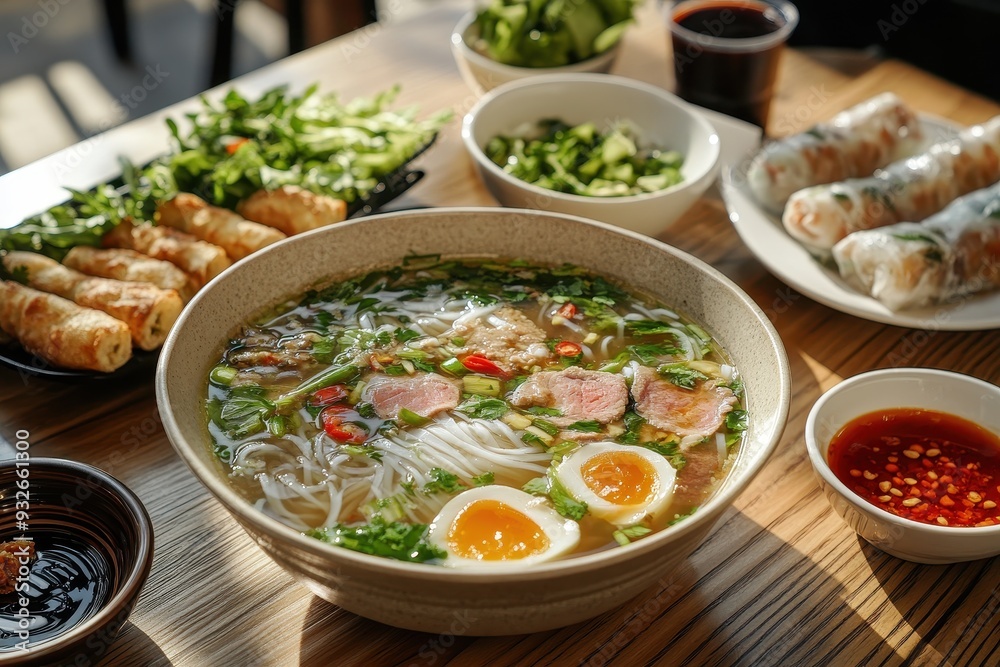 Vietnamese pho soup with appetizers topped with sriracha sauce Vietnamese pho soup with appetizers topped with sriracha sauce