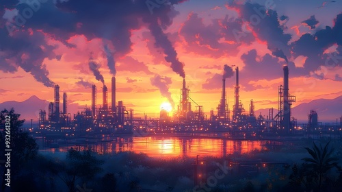 Oil Refinery Complex at Dramatic Sunset Skyline Depicting Energy Industry Economics photo