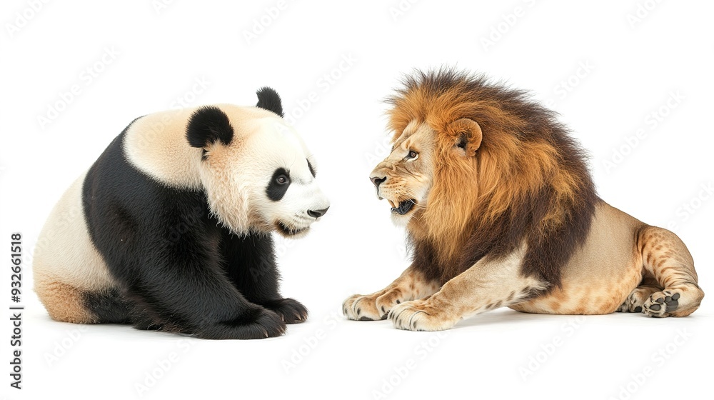 Panda and Lion in a Dynamic Fight on a White Background: Action-Packed Scene Featuring a Panda and Lion Engaged in a Dramatic and Intense Struggle, Captured with Detailed Expressions and Movements. Panda and Lion in a Dynamic Fight on a White Background: Action-Packed Scene Featuring a Panda and Lion Engaged in a Dramatic and Intense Struggle, Captured with Detailed Expressions and Movements.