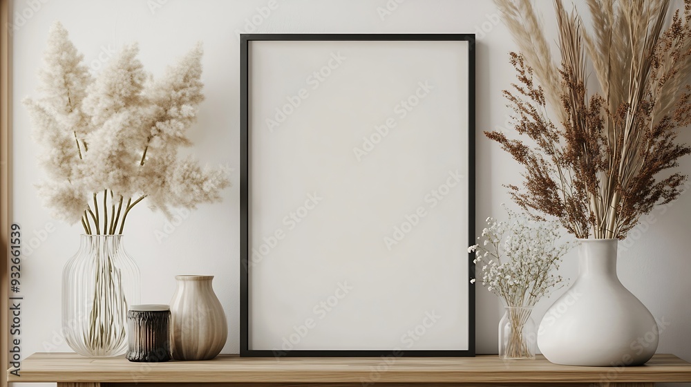 Cozy and stylish interior of living room with mock up poster frame wooden console flowers in vase decorations and personal accessories Modern home decor Template : Generative AI