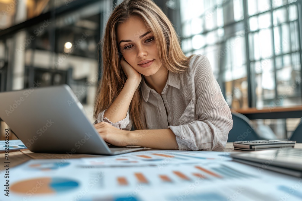 A woman is sitting at a desk with a laptop open in front of her. She is looking at the screen with a serious expression on her face A woman is sitting at a desk with a laptop open in front of her. She is looking at the screen with a serious expression on her face