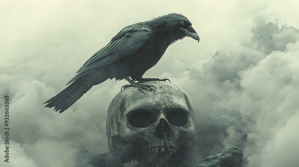 Fototapeta premium Ominous Raven Perched on Skull in Watercolor Style Clouds