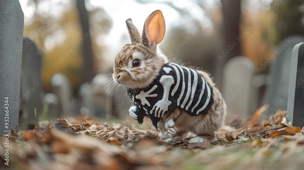 Obraz premium Adorable American Fuzzy Lop Rabbit Hops Amidst Creepy Cemetery Tombstones in Halloween Skeleton Costume