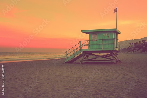 Vintage lifeguard station at Santa Monica beach at sunset