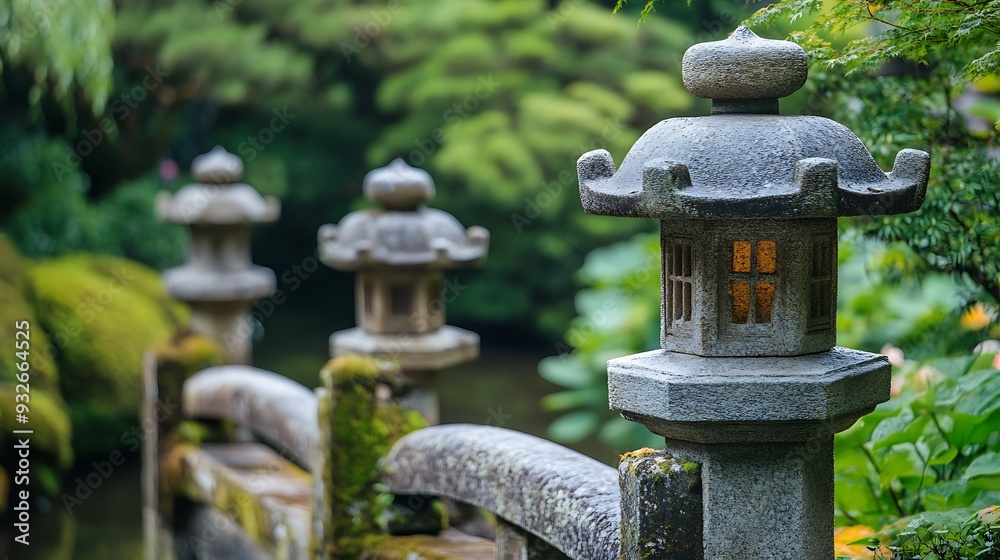 Stone lanterns on a moss-covered bridge in a Japanese garden. Stone lanterns on a moss-covered bridge in a Japanese garden.