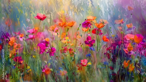 A vibrant, impressionistic painting of wildflowers swaying in the breeze, with a mix of bold colors and textures creating a sense of movement and life. 8k UHD, suitable for high-quality printing  photo