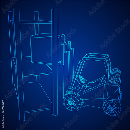 Forklift Loader lift truck in warehouse near rack. Wireframe low poly mesh vector illustration.