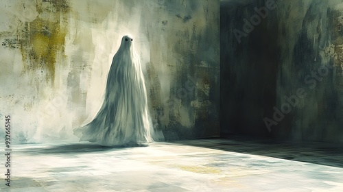 Ethereal Ghostly Figure Drifting Through Translucent Walls in Watercolor Style photo