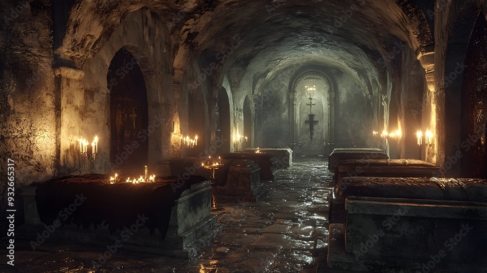 Ancient Crypt With Stone Coffins And Candlelit Ambiance In Watercolor Style Ancient Crypt With Stone Coffins And Candlelit Ambiance In Watercolor Style