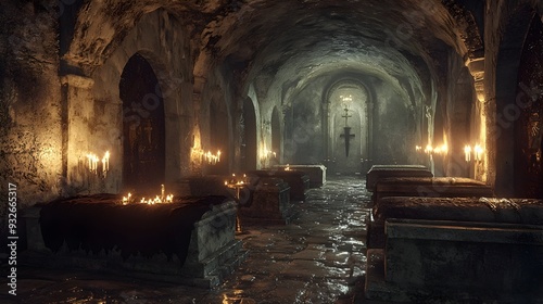 Ancient Crypt With Stone Coffins And Candlelit Ambiance In Watercolor Style