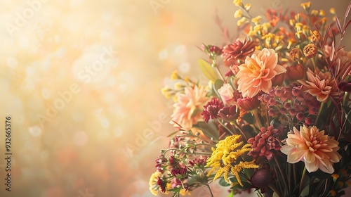 Autumn composition made of beautiful flowers on light backdrop. Floristic decoration. Natural floral background. 