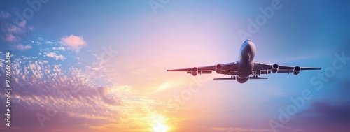 Passenger Airplane Soaring at Sunset with Vibrant Blue and Purple Clouds, Sunlight Enhancing the Atmosphere of Travel, Adventure, and Business Journeys Across Continents