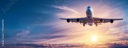 Passenger Airplane Soaring at Sunset with Vibrant Blue and Purple Clouds, Sunlight Enhancing the Atmosphere of Travel, Adventure, and Business Journeys Across Continents