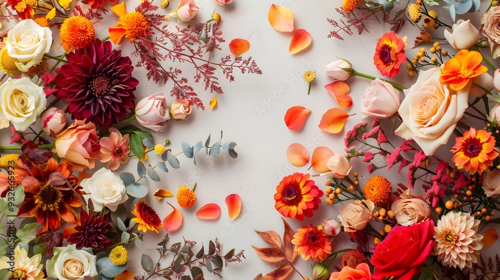 Naklejka premium Autumn composition made of beautiful flowers on light backdrop. Floristic decoration. Natural floral background. 