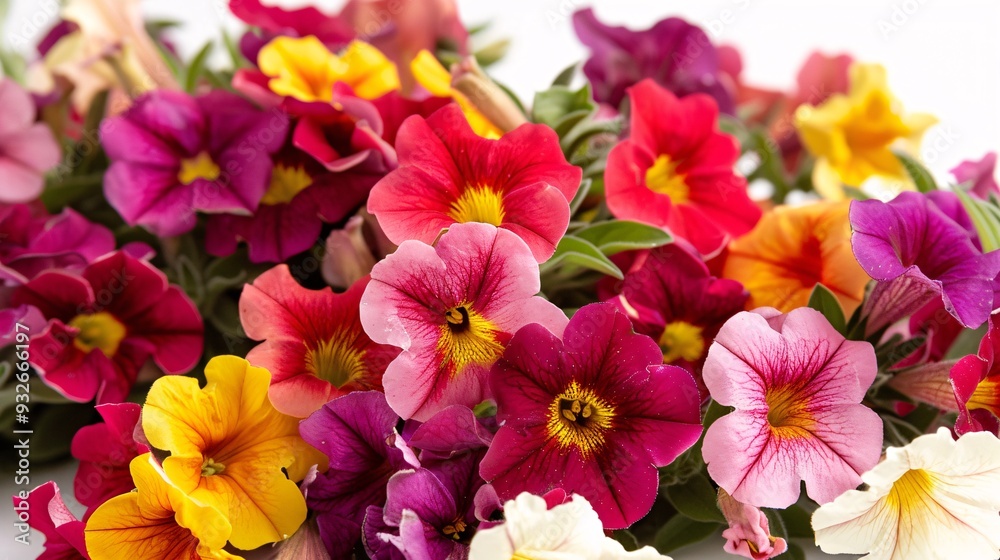 2. Close-up of a bouquet of Calibrachoa flowers in full bloom, showcasing a variety of rich colors and intricate petal patterns, isolated on white 2. Close-up of a bouquet of Calibrachoa flowers in full bloom, showcasing a variety of rich colors and intricate petal patterns, isolated on white