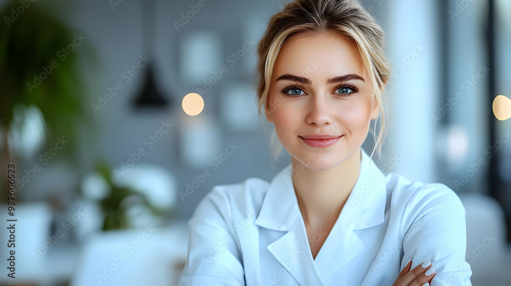A smiling woman in a professional setting, wearing a lab coat. A smiling woman in a professional setting, wearing a lab coat.