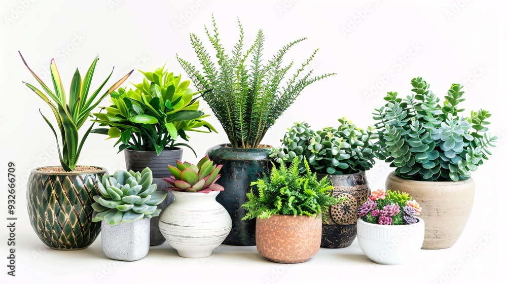Fototapeta premium 1. Collage of various potted plants on a white background, featuring a mix of succulents, ferns, and flowering plants in stylish pots, arranged to showcase the diversity and beauty of house decor