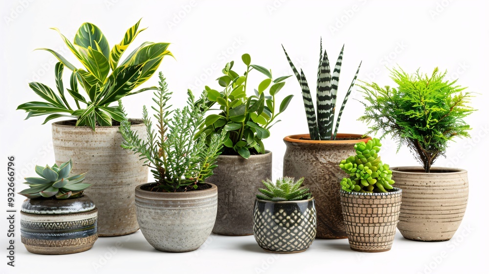 3. Collection of assorted potted plants on a white background, with a focus on the unique textures and shapes of each plant, presented in an array of decorative pots to create an elegant house decor 3. Collection of assorted potted plants on a white background, with a focus on the unique textures and shapes of each plant, presented in an array of decorative pots to create an elegant house decor