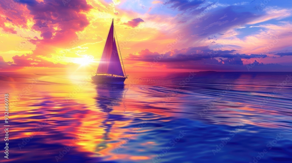 Fototapeta premium Sailing Boat on Serene Ocean with Clear Blue Sky Scene