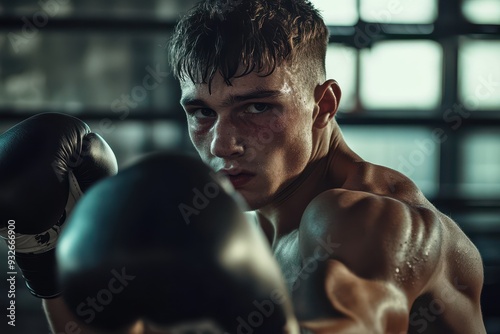 Young boxer training in gym with gloves