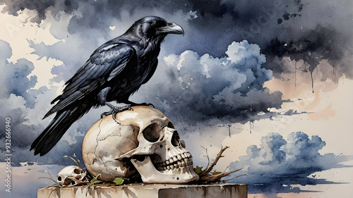 Black raven, perched on a skull, ominous clouds