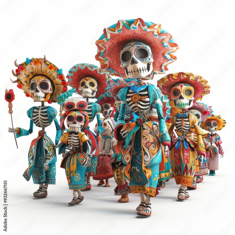 Fototapeta premium Cartoon 3D A lively Day of the Dead parade featuring people in traditional attire