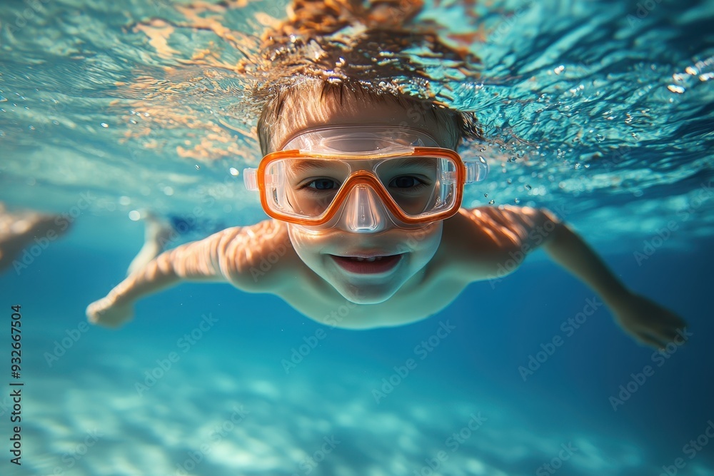 Fototapeta premium Young boy in pool with goggles swimming and having fun during summer vacation