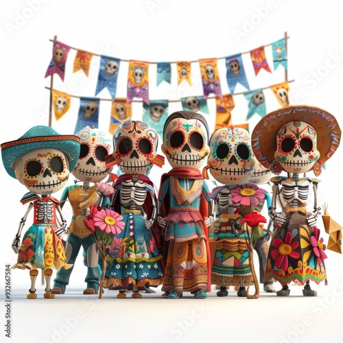 Cartoon 3D A lively Day of the Dead parade featuring people in traditional attire photo