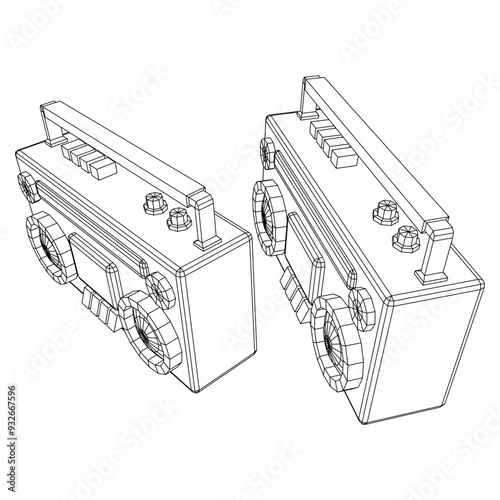 Retro Boombox outdated portable cassette tape recorder. Wireframe low poly mesh vector illustration.